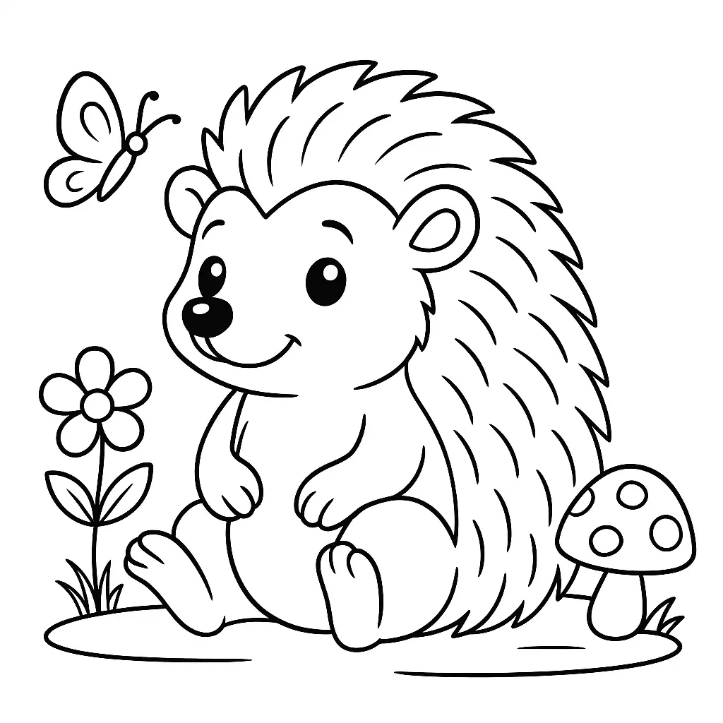 Niedliches Igel Ausmalbild für Kinder mit Schmetterling, Blume und Pilz – kostenloses PDF