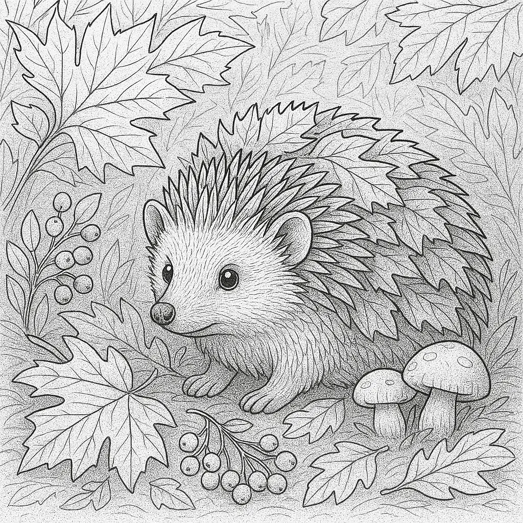  Igel im Herbst Ausmalbild mit Blättern, Beeren und Pilzen – kostenloses PDF
