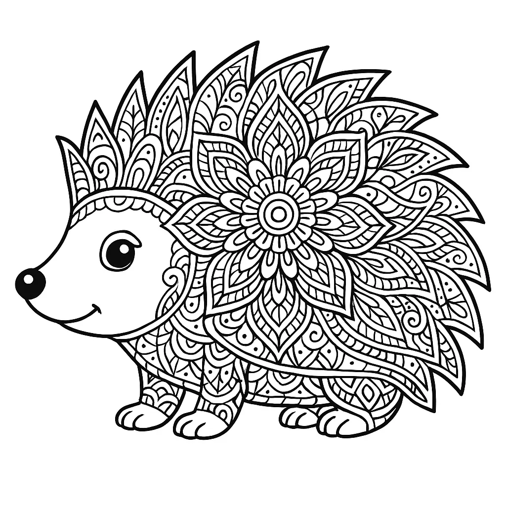 Igel Mandala Ausmalbild mit floralen Mustern und symmetrischen Details – kostenloses PDF
