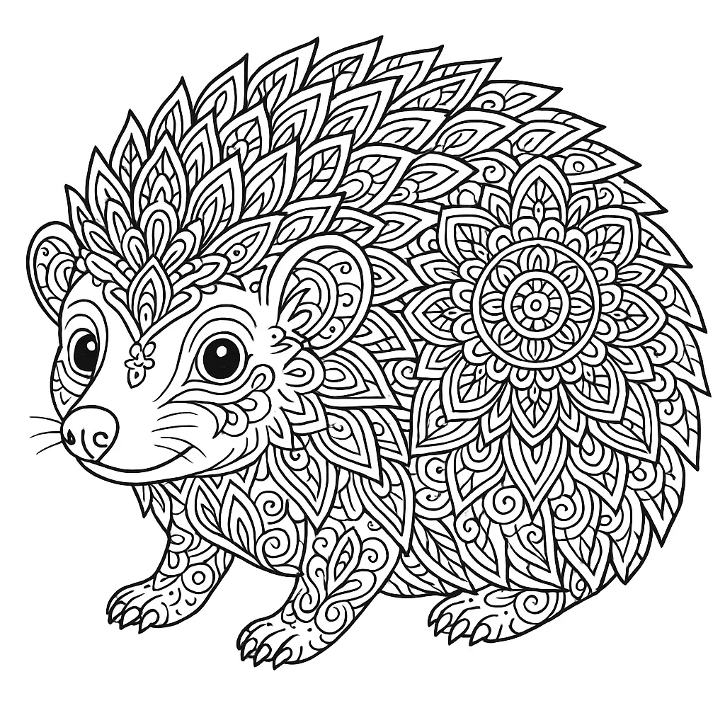 Image ALT Text: Igel Mandala Malvorlage mit komplexen Mustern – ideal für Erwachsene zum Ausmalen