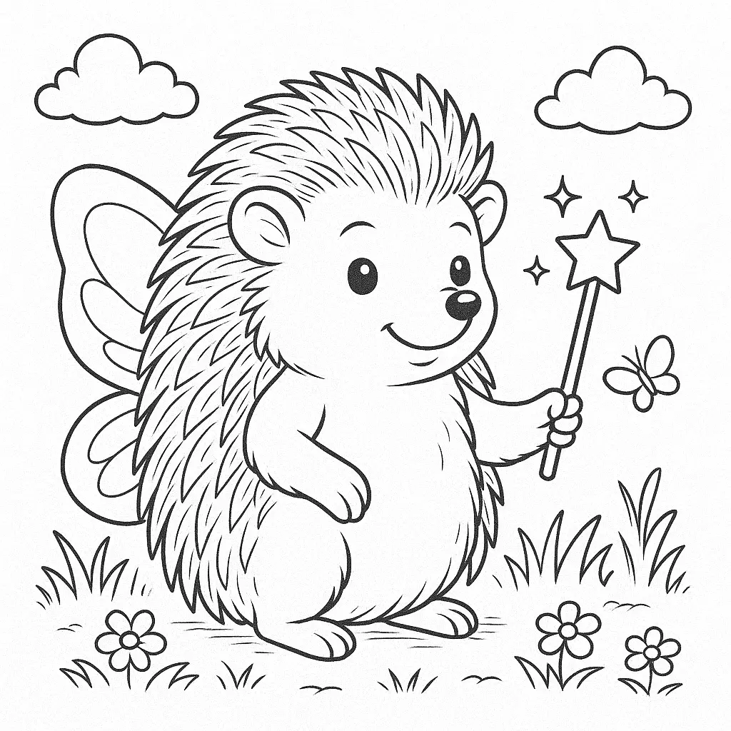 Igel mit Flügeln und Zauberstab in einer fantasievollen Frühlingsszene mit Blumen und Schmetterling.