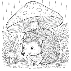 Igel sitzt unter einem großen Pilz im Regen – Ausmalbild als PDF