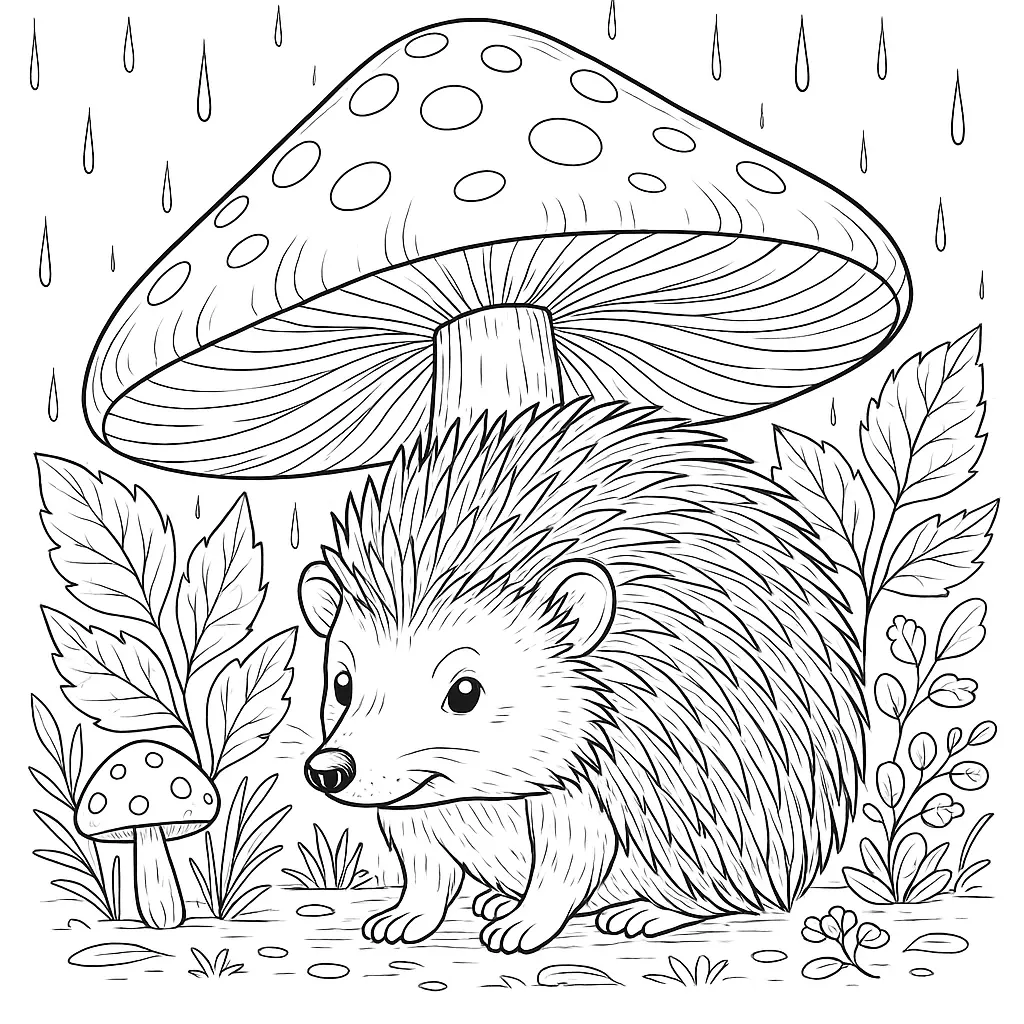 Igel sitzt unter einem großen Pilz im Regen – Ausmalbild als PDF