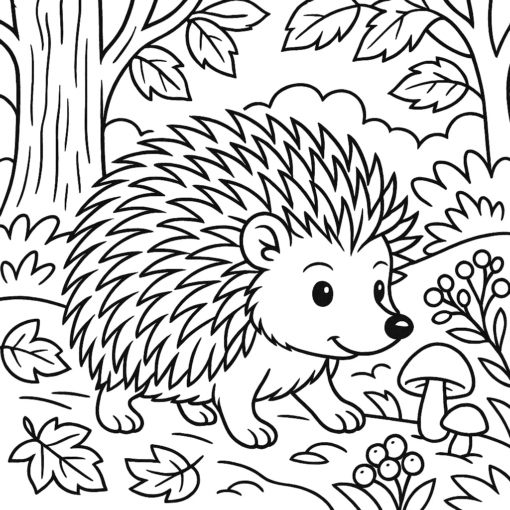 Ausmalbild: Igel spaziert durch den Wald mit Bäumen, Blättern und Pilzen – kostenloses PDF