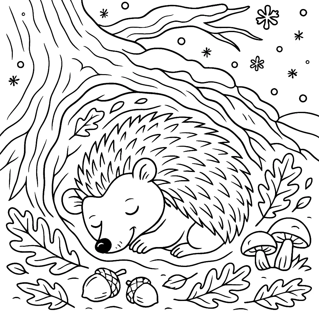 Sauberes Igel Winterschlaf Ausmalbild unter Baum mit Eicheln, Blättern und Schnee – PDF