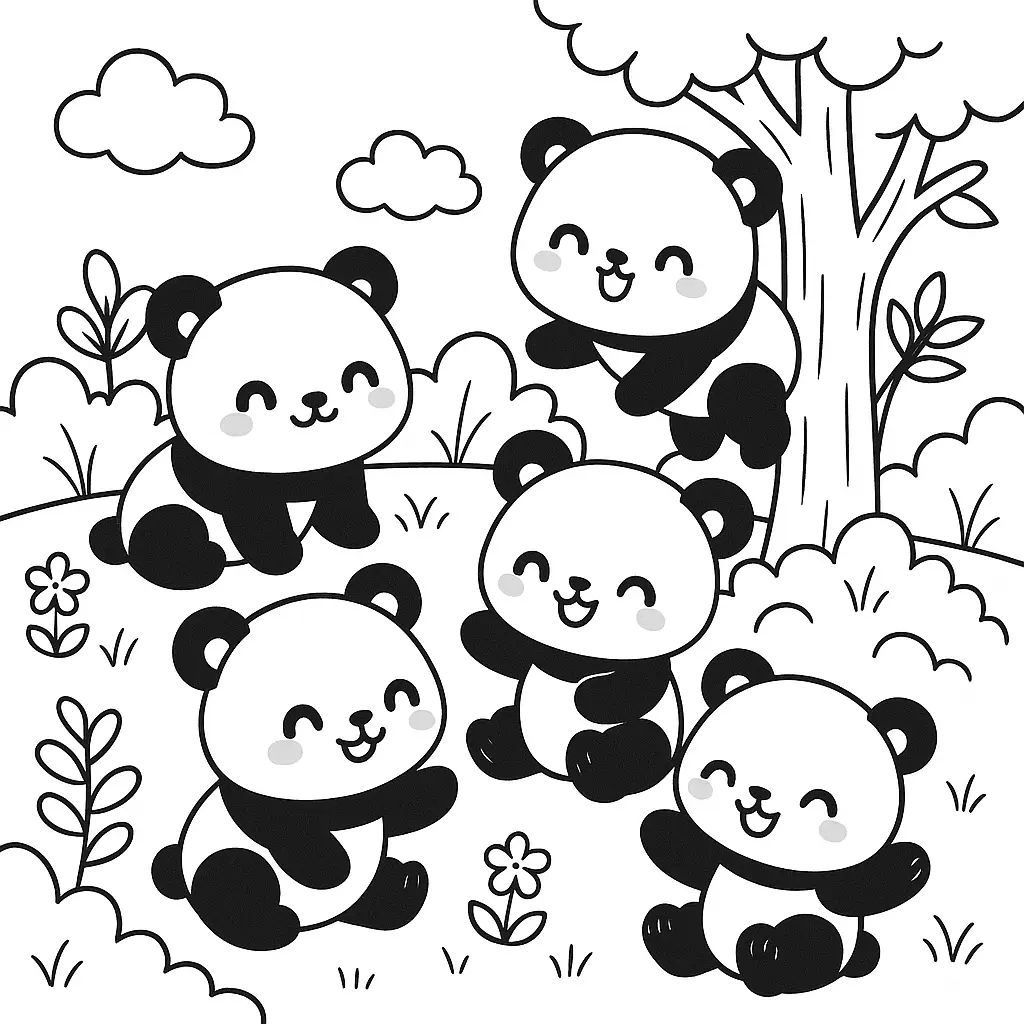 Viele Kawaii Pandas spielen im Park – Ausmalbilder Panda zum Ausdrucken