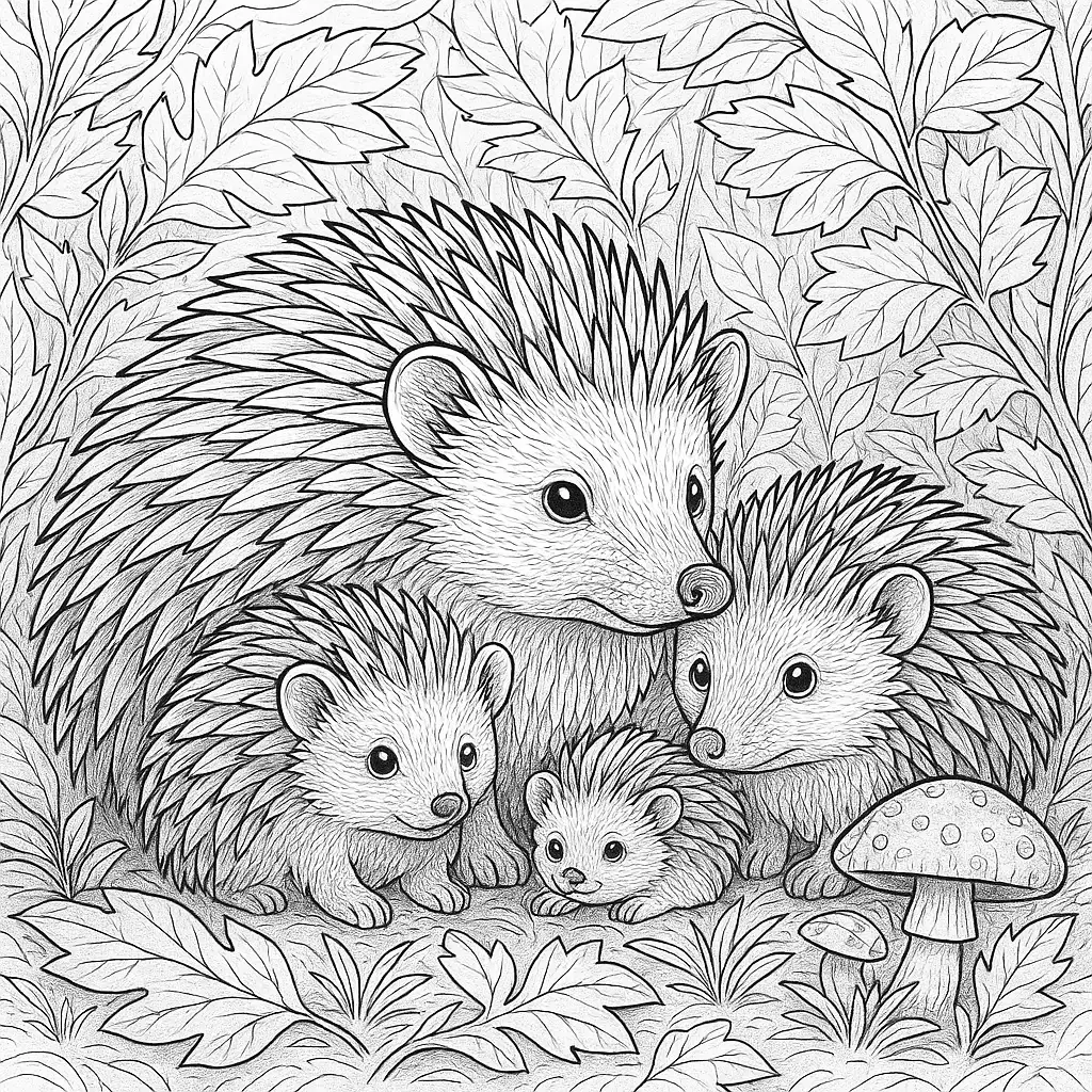 Ausmalbild einer kleinen Igelfamilie im Wald mit Blättern und Pilzen