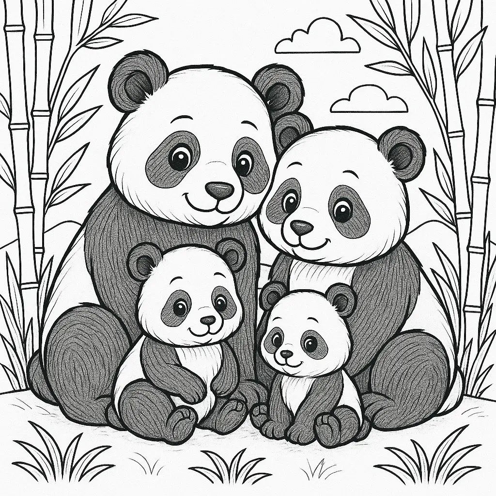 Kleine Panda Familie im Bambuswald – Ausmalbilder Panda zum Ausdrucken