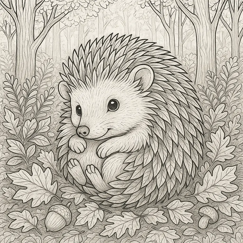 Kleines Igel Ausmalbild im Herbstwald mit Eicheln und Blättern 