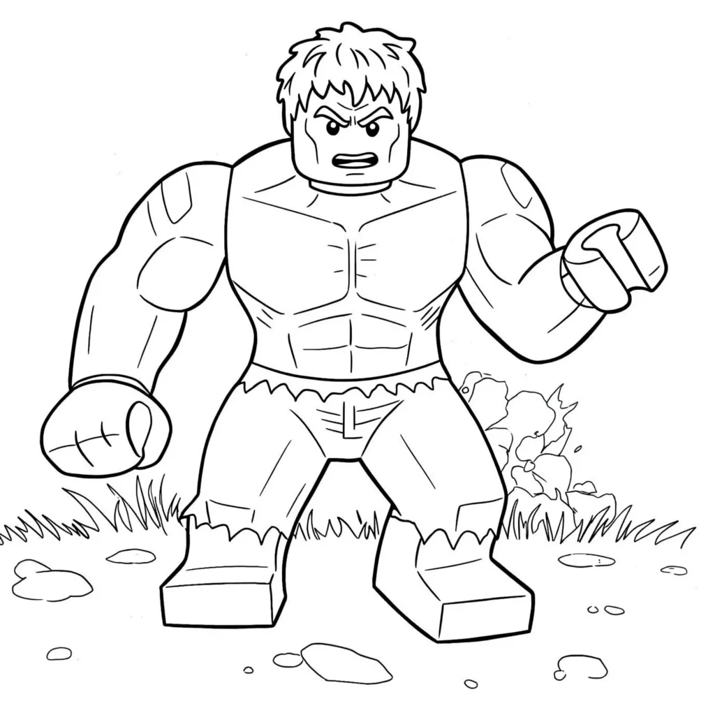 Lego Hulk zerschmettert einen feindlichen Roboter – spannendes Ausmalbild im Baustein-Stil für Kinder.