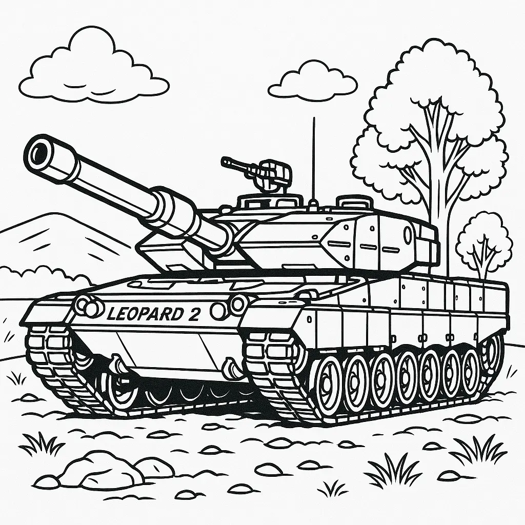 Leopard 2 Panzer Ausmalbild – detaillierter Kampfpanzer in Landschaft mit Bäumen und Bergen