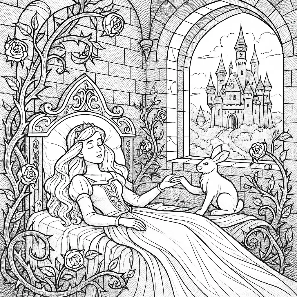 Dornröschen liegt schlafend in einer Schlosskammer mit Rosenranken und Blick auf das Märchenschloss