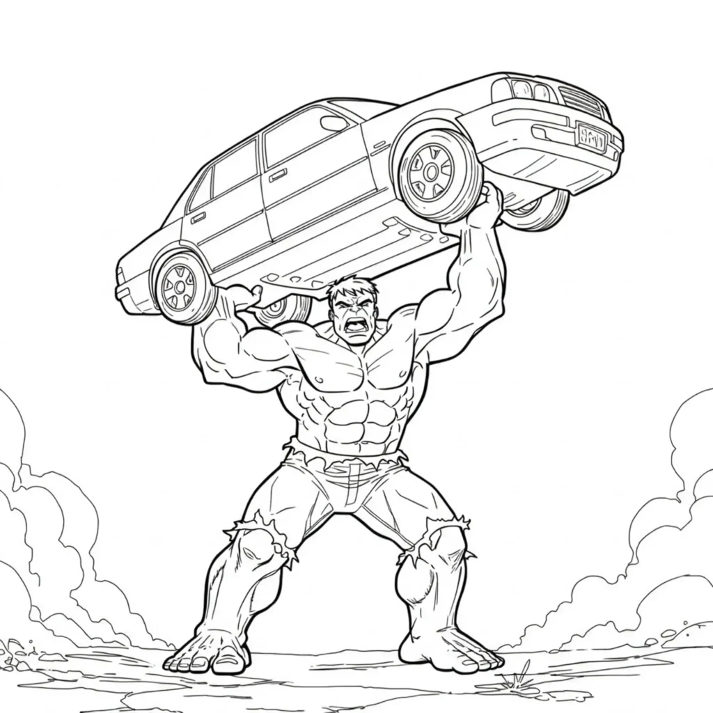 Der Hulk hebt wütend ein Auto über seinen Kopf – beeindruckende Marvel-Szene als Malvorlage. Malvorlage Hulk hebt Auto hoch – PDF zum Ausdrucken