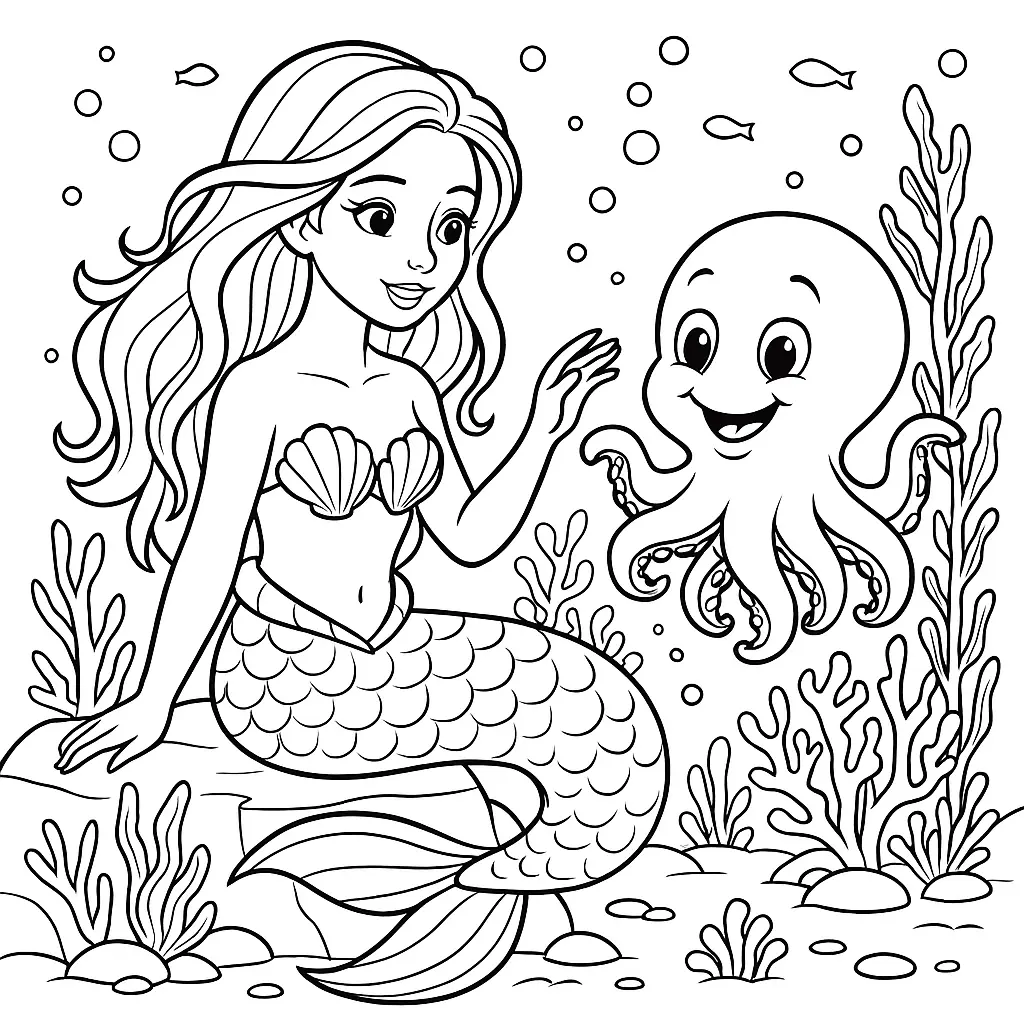 Ausmalbild einer Meerjungfrau und eines lachenden Oktopus – kostenlos zum Ausdrucken