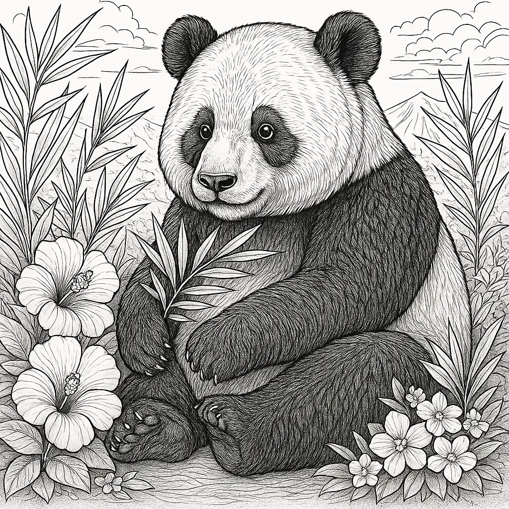 Panda Ausmalbild für Erwachsene – Panda im Blumenfeld