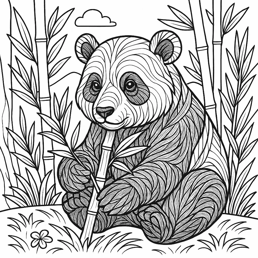Detailliertes Panda Ausmalbild im Bambuswald – Panda zum Ausdrucken