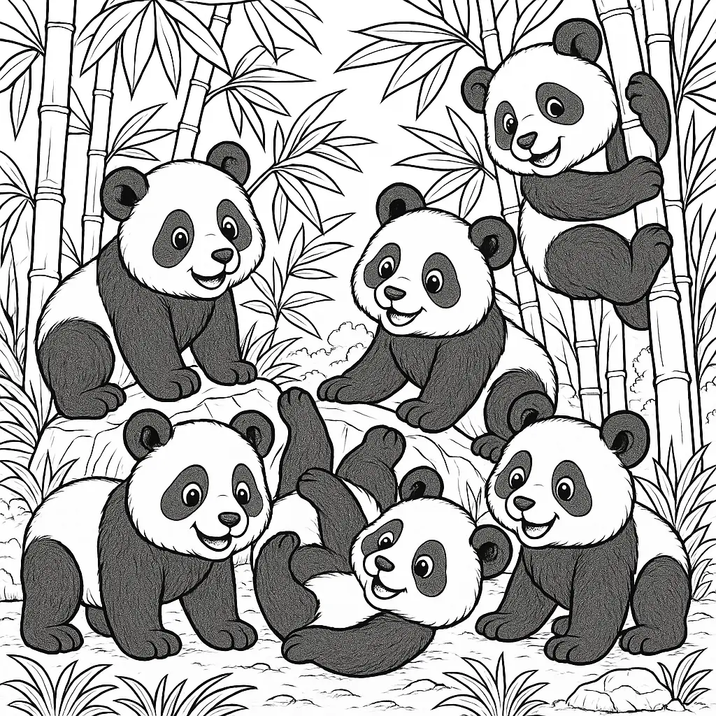 Viele spielende Panda Kinder im Bambuswald – Ausmalbilder Panda zum Ausdrucken