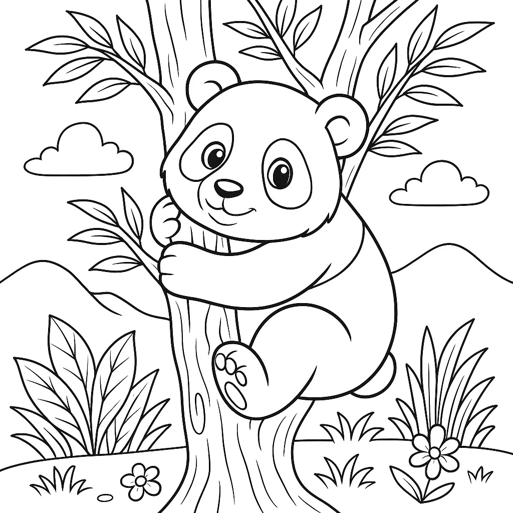 Niedlicher Panda klettert auf einen Baum – Panda Malvorlage zum Ausdrucken