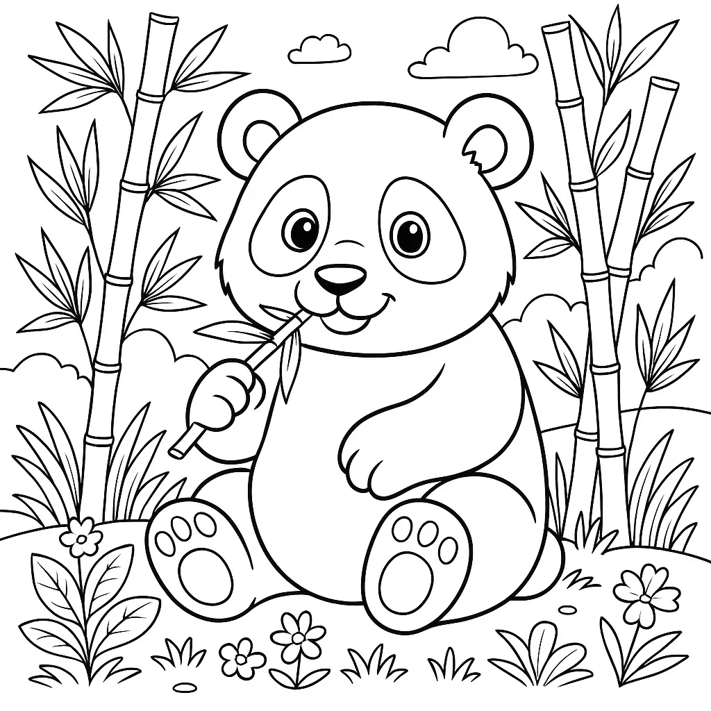 Süßer Panda mit Bambus im Wald – Ausmalbilder Panda zum Ausdrucken