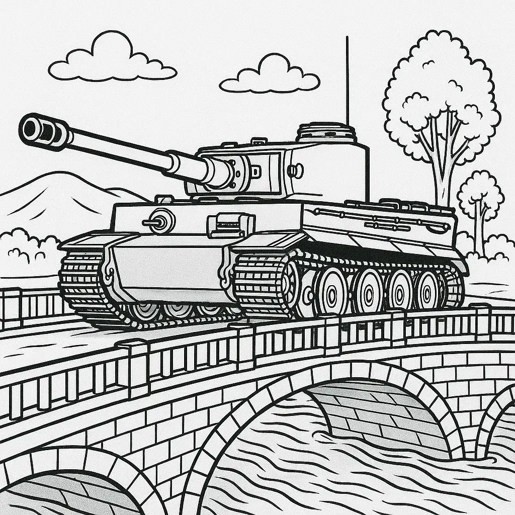 Panzer Malvorlage – schwerer Panzer überquert eine Steinbrücke über einen Fluss