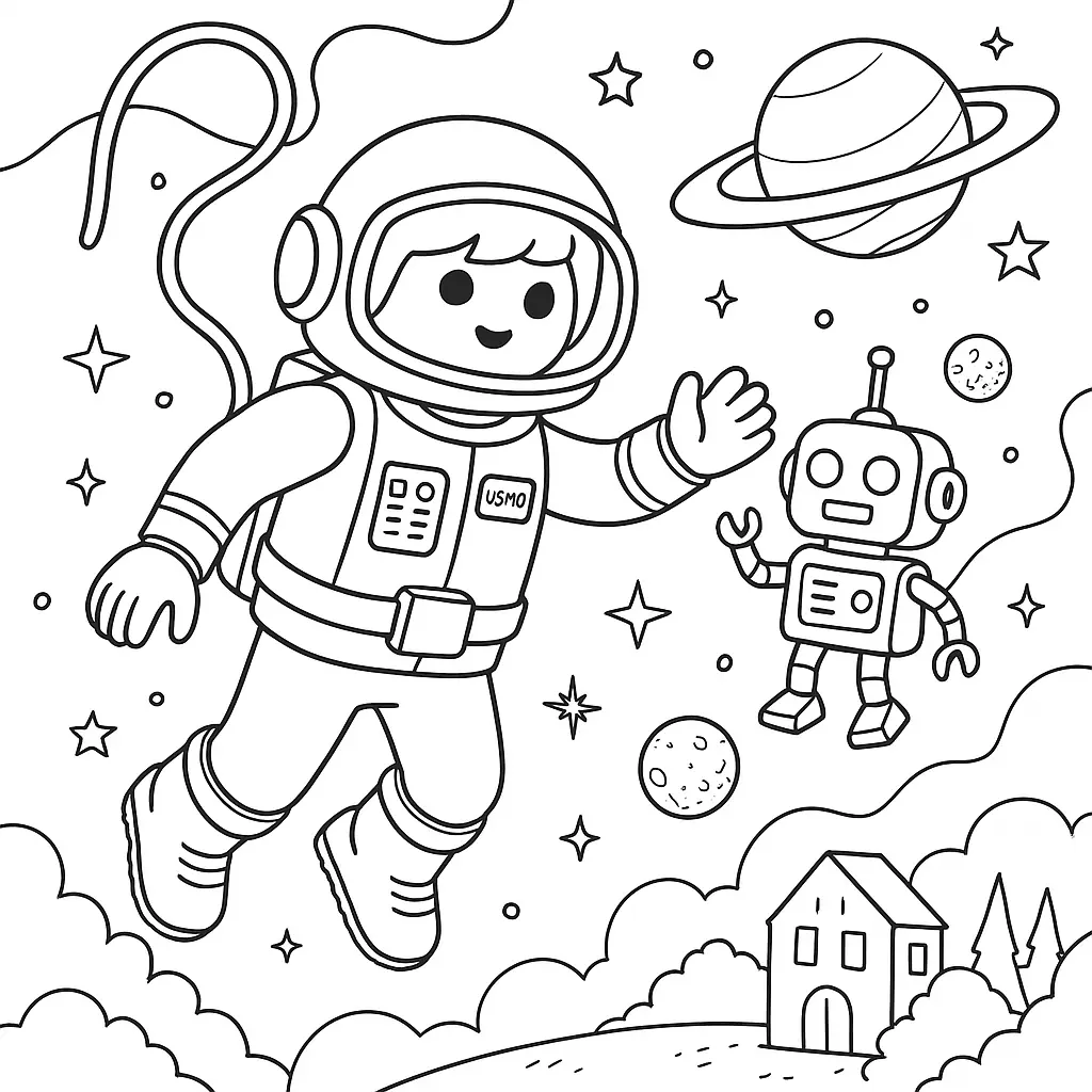 Playmobil Ausmalbild mit Astronaut, der im Weltraum neben einem Roboter schwebt