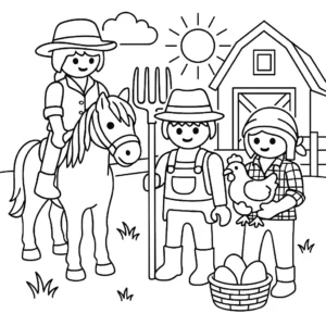 Playmobil Ausmalbilder mit Bauernhof: Mädchen auf Pferd, Bauer mit Heugabel und Frau mit Huhn vor Scheun