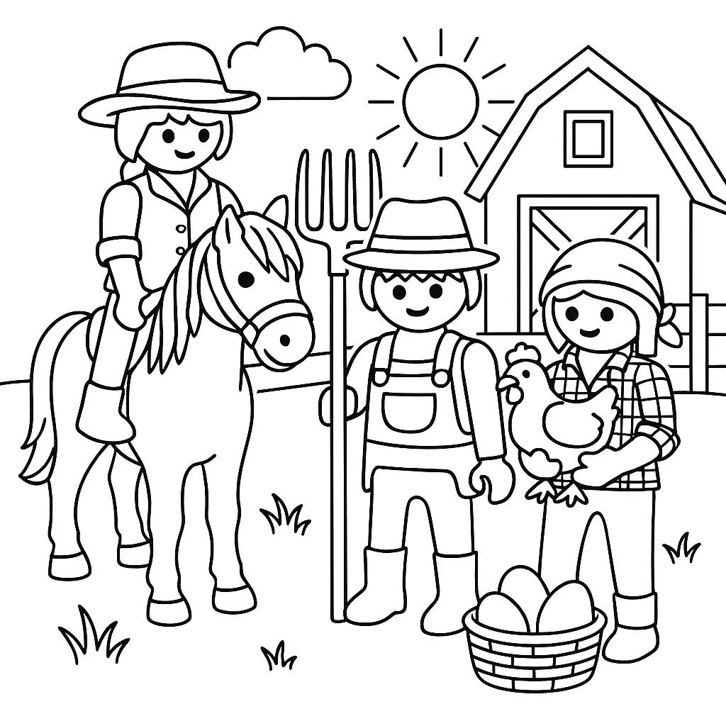 Playmobil Ausmalbilder mit Bauernhof: Mädchen auf Pferd, Bauer mit Heugabel und Frau mit Huhn vor Scheun