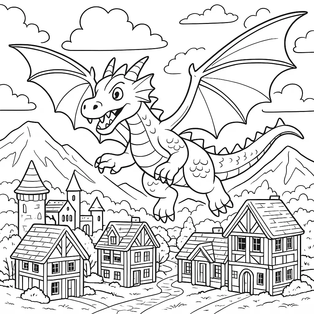 Playmobil Ausmalbild mit fliegendem Drachen über Fantasiedorf mit Häusern und Bergen