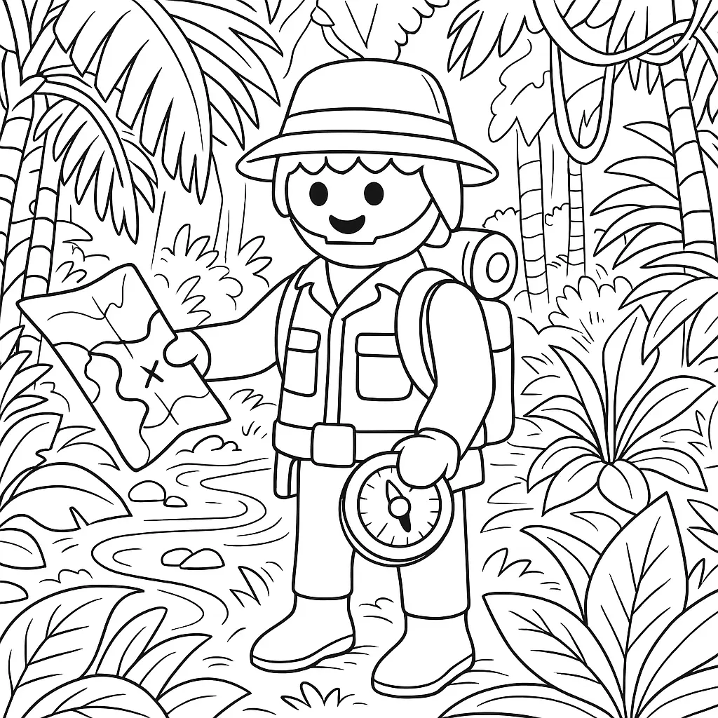  Playmobil Ausmalbild mit Entdecker im Dschungel, der eine Karte und einen Kompass in der Hand hält