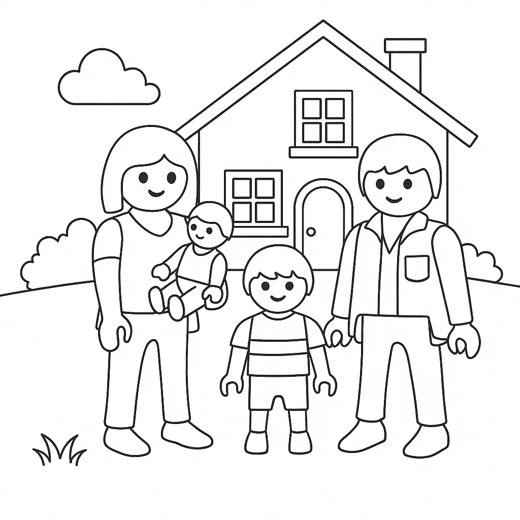 Playmobil Ausmalbild mit Familie vor ihrem Haus mit Garten