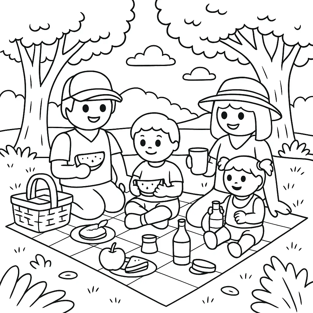 Playmobil Ausmalbild mit Familie beim Picknick im Park mit Decke, Essen und Bäumen
