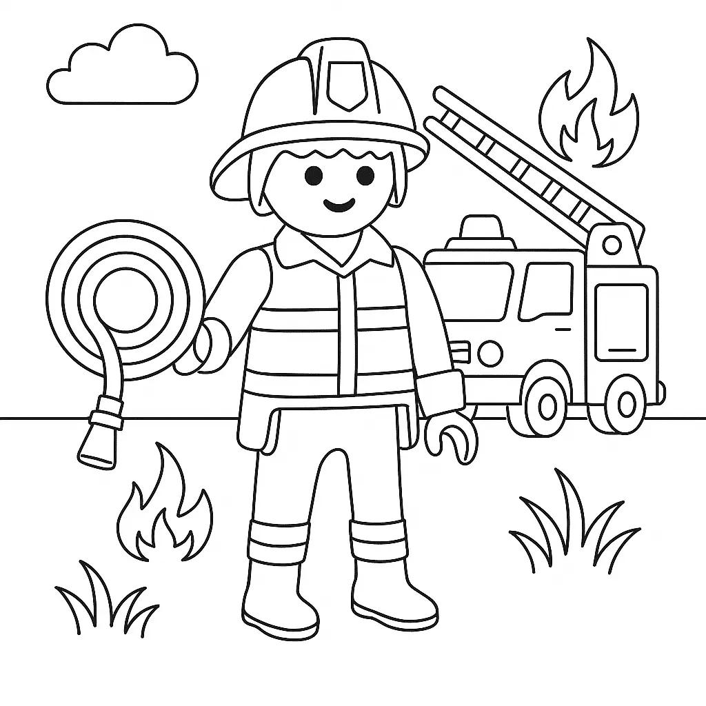 Playmobil Ausmalbild mit Feuerwehrmann und Feuerwehrauto beim Löschen eines Feuers