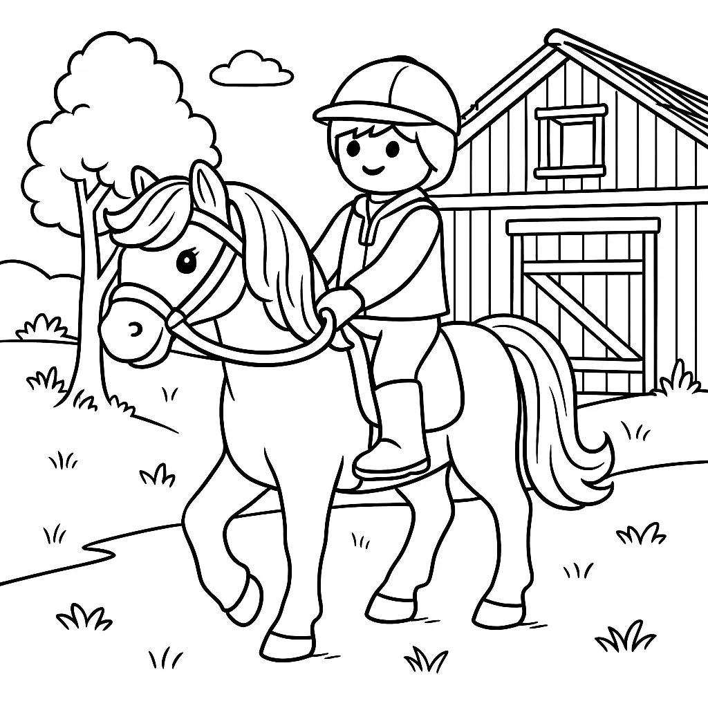 Playmobil Ausmalbild mit Kind auf Pferd vor Stall und Wiese