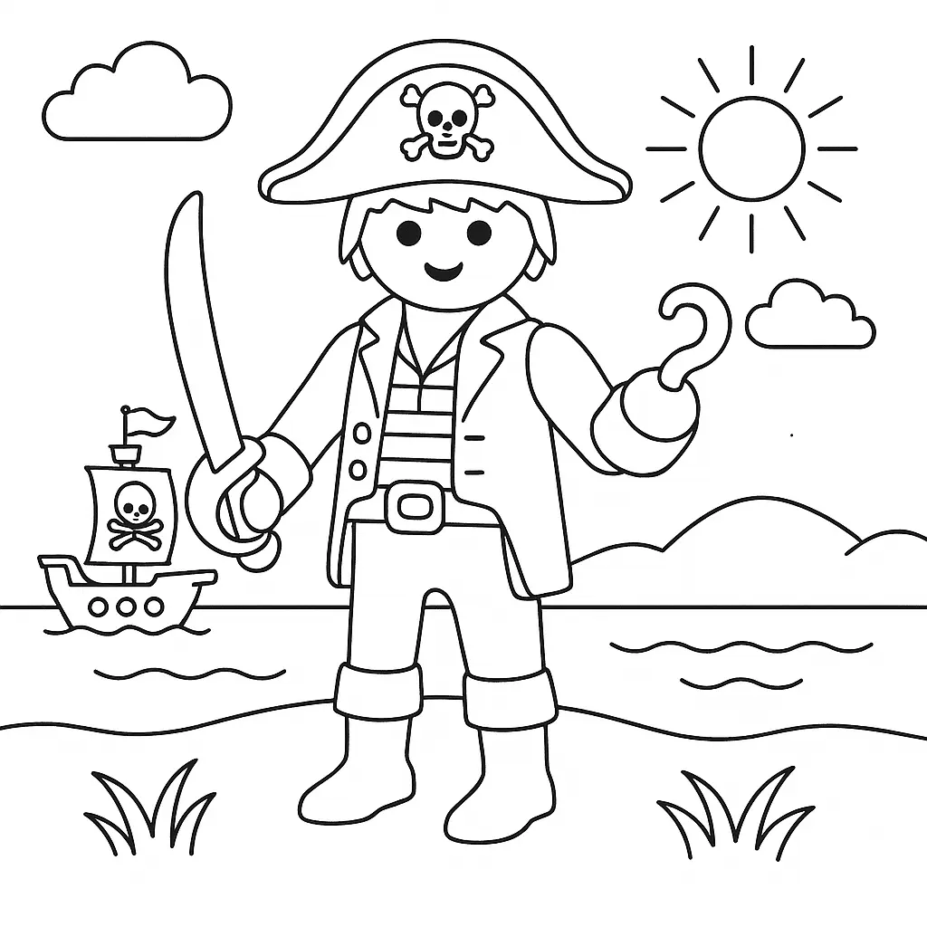 Playmobil Ausmalbild mit Pirat auf Schatzsuche mit Schatzkarte und Papagei auf einer Insel