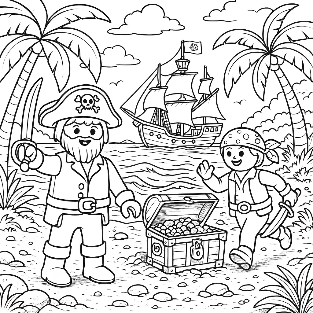 Playmobil Ausmalbild mit Piraten auf Schatzsuche mit Schiff, Insel und Schatztruhe