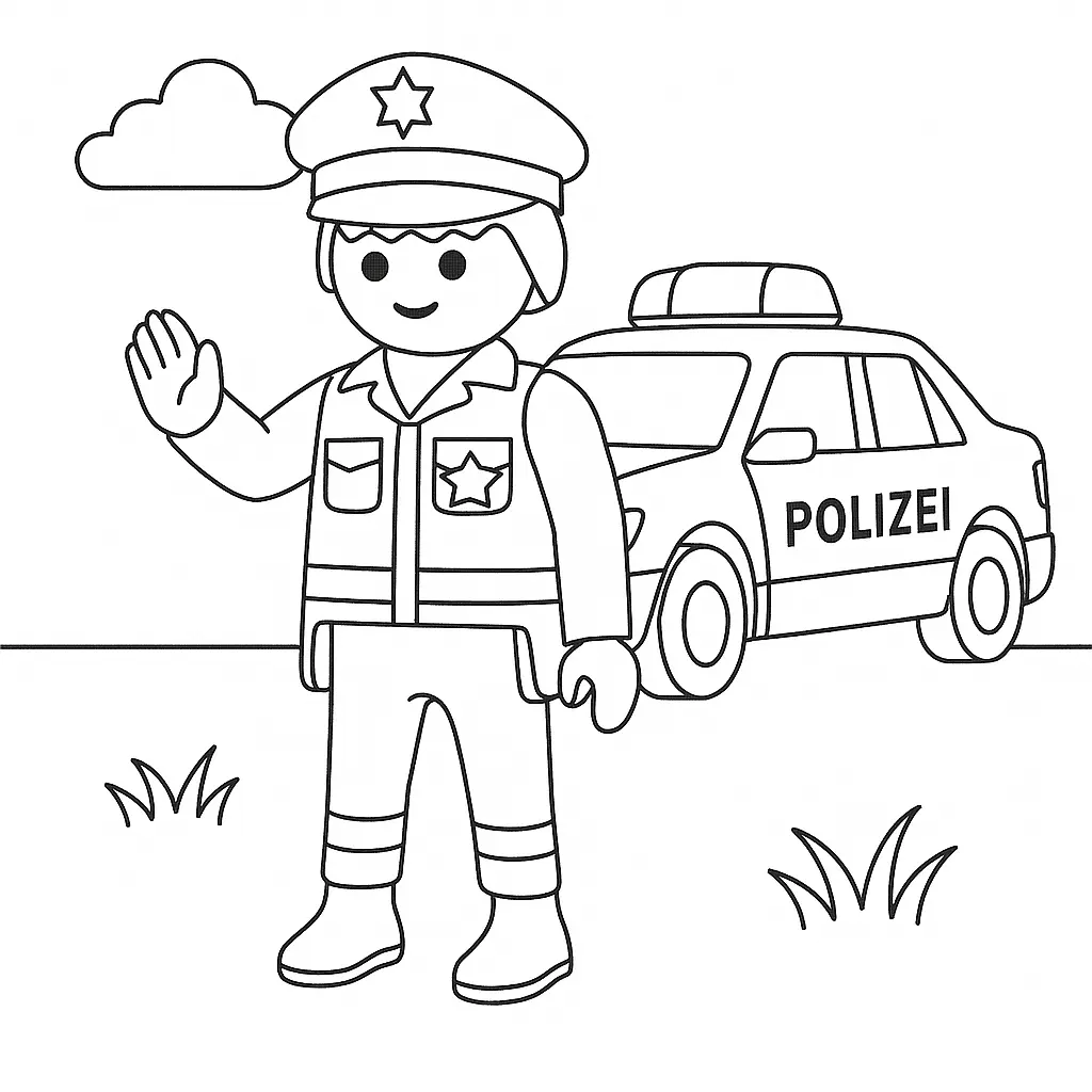 Playmobil Ausmalbild mit Polizist vor Polizeiauto in Einsatzszene