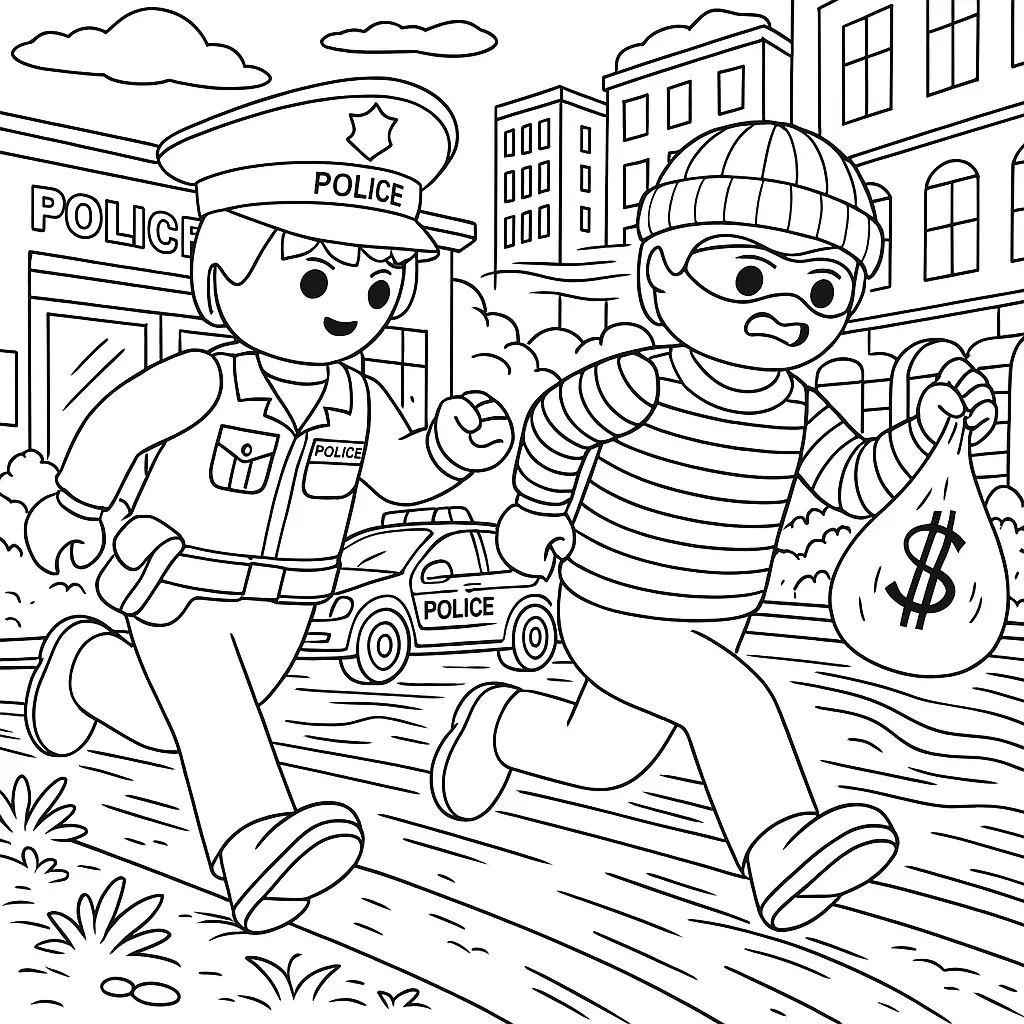 Playmobil Ausmalbild mit Polizist, der einen Dieb jagt – dynamische Verfolgungsszene mit Polizei und Räuber