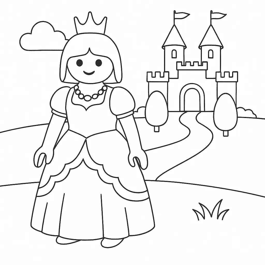 Playmobil Ausmalbild mit Prinzessin im Kleid vor einem Schloss mit Garten