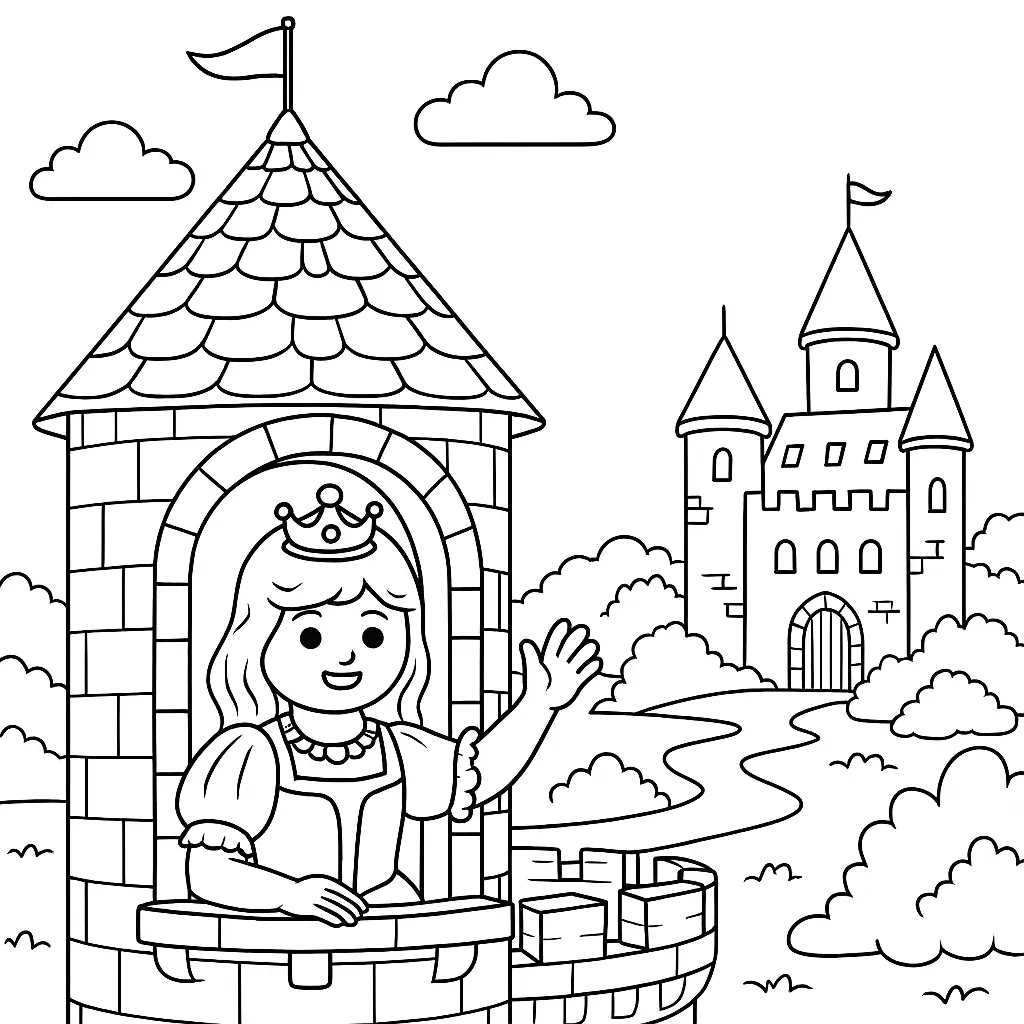 Playmobil Malvorlage mit Prinzessin, die aus dem Schlossturm winkt