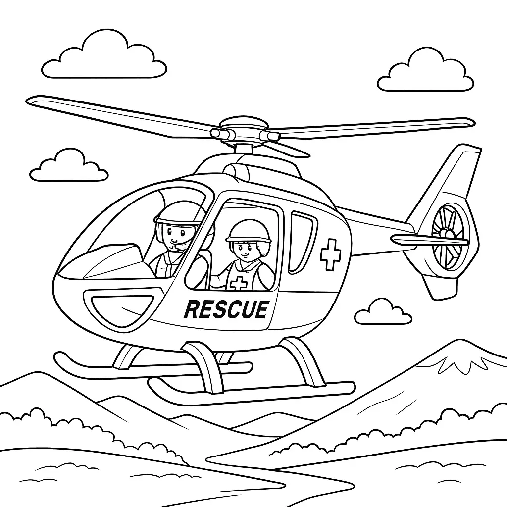 Playmobil Ausmalbild mit Rettungshubschrauber, der durch den Himmel fliegt