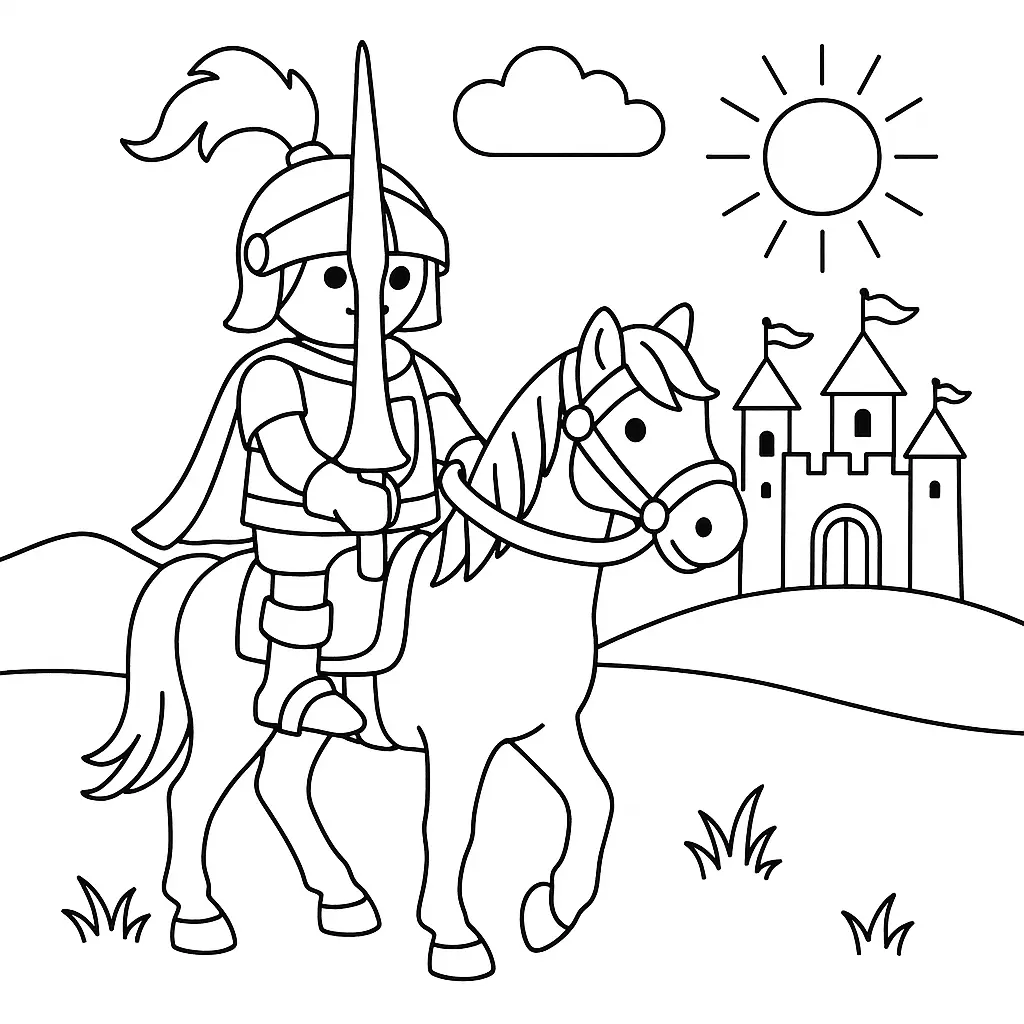 Playmobil Ausmalbild mit Ritter auf Pferd mit Lanze vor Burg und Landschaft