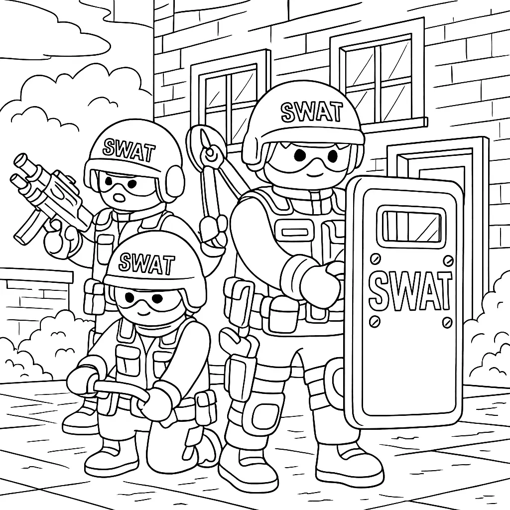 Playmobil Ausmalbild mit SWAT-Team im Einsatz mit Ausrüstung und taktischer Kleidung