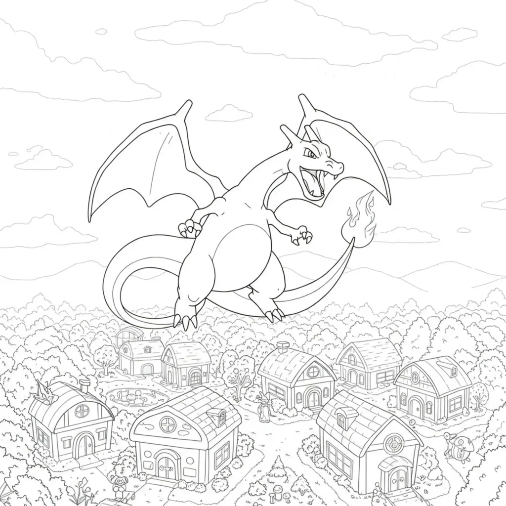 pokémon glurak ausmalbild mit Glurak fliegend über einem Pokémon-Dorf