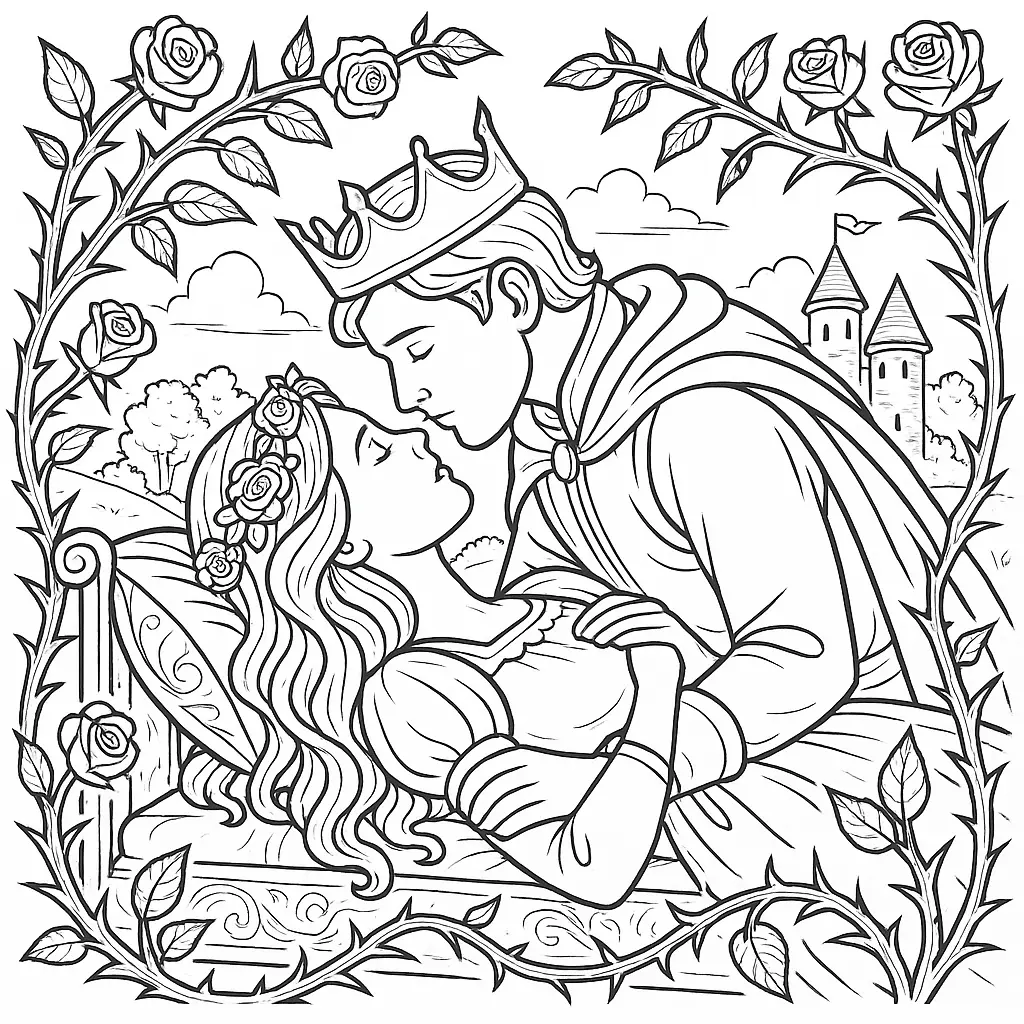 Der Prinz küsst Dornröschen im Schlossgarten, umgeben von Rosenranken und einem Schloss im Hintergrund – romantisches Ausmalbild für Kinder
