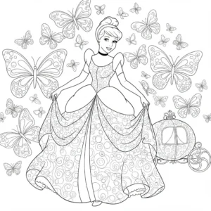 Ausmalbild von Prinzessin Cinderella mit Schmetterlings-Hintergrund