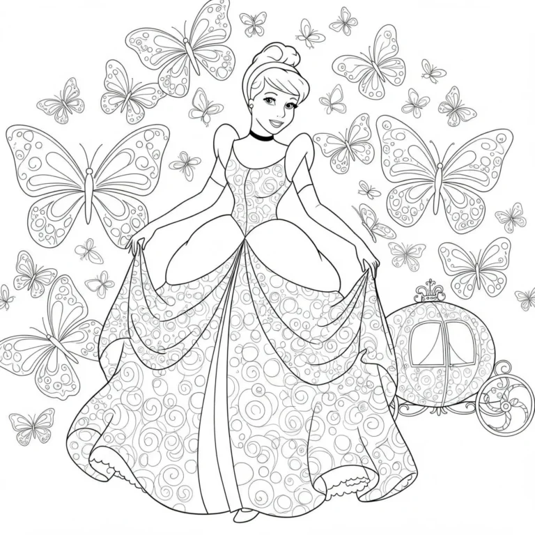 Ausmalbild von Prinzessin Cinderella mit Schmetterlings-Hintergrund