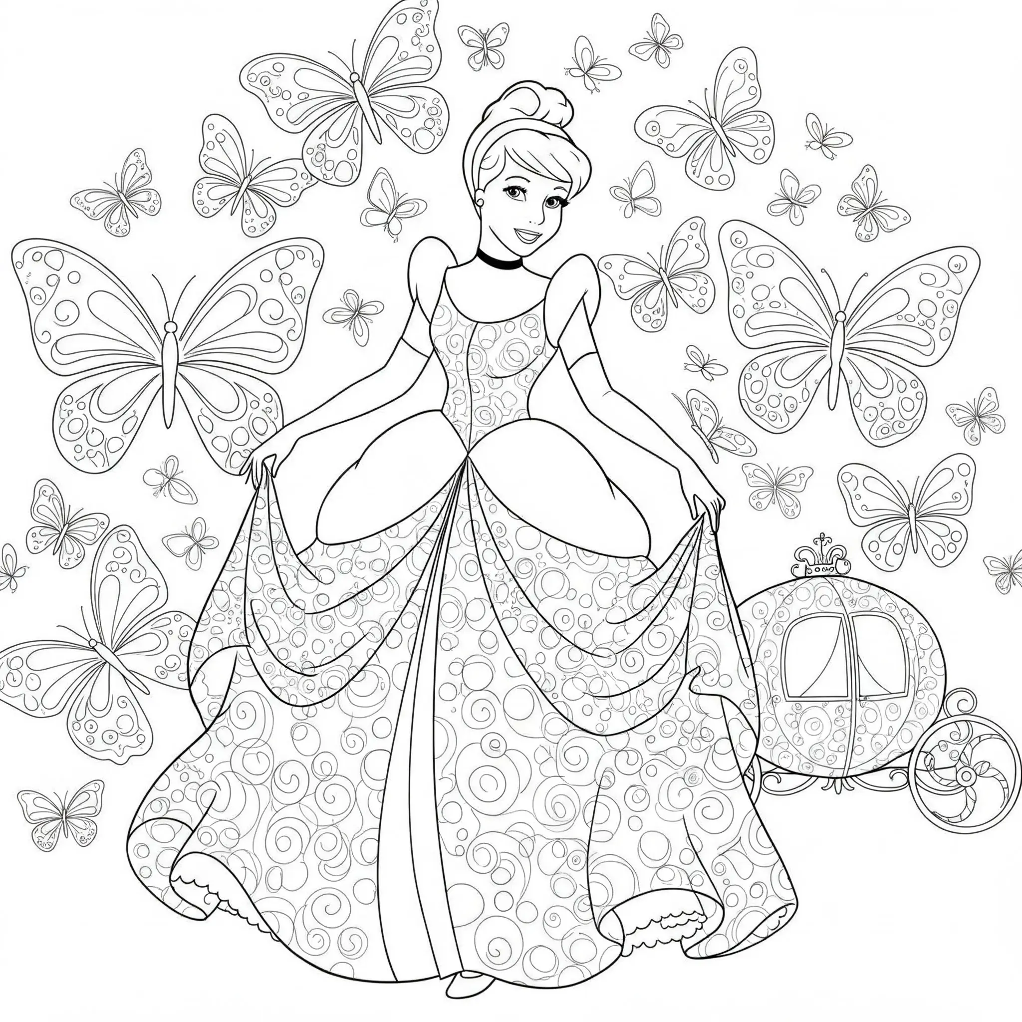 Ausmalbild von Prinzessin Cinderella mit Schmetterlings-Hintergrund