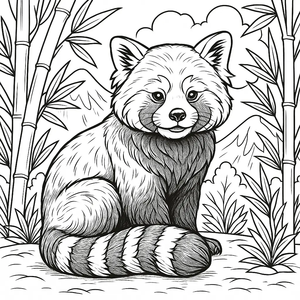 Roter Panda sitzt im Bambuswald – Ausmalbild zum Ausdrucken