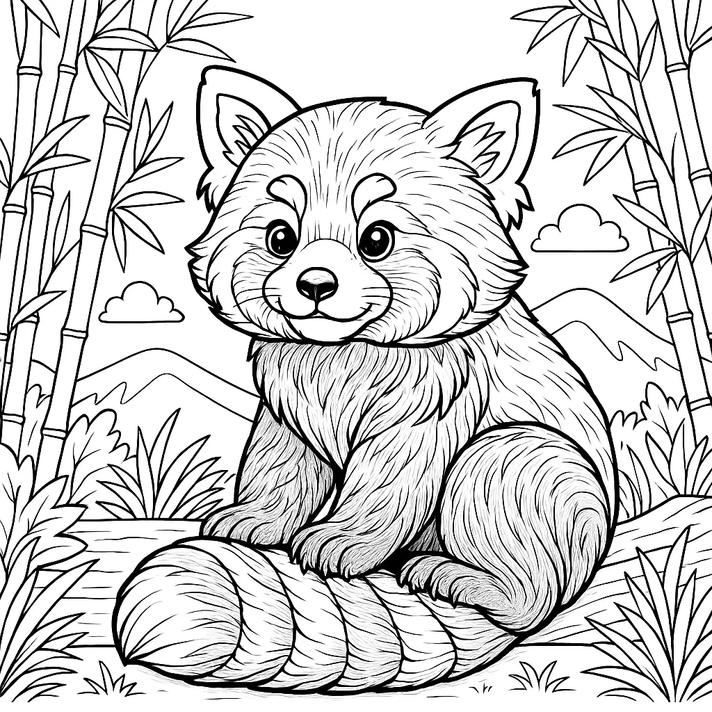 Roter Panda Ausmalbild im Bambuswald – Ausmalbilder zum Ausdrucken