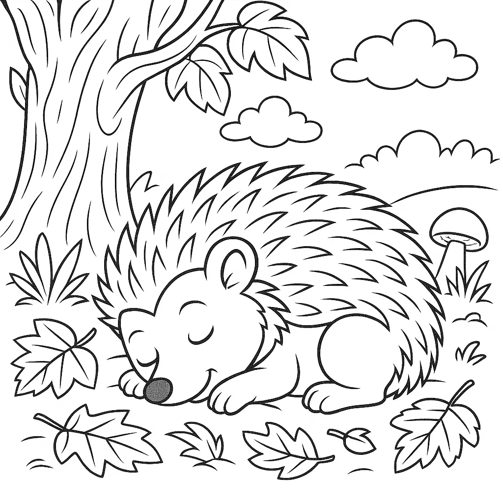Schlafender Igel Ausmalbild unter Baum mit Blättern und Pilz – kostenloses PDF